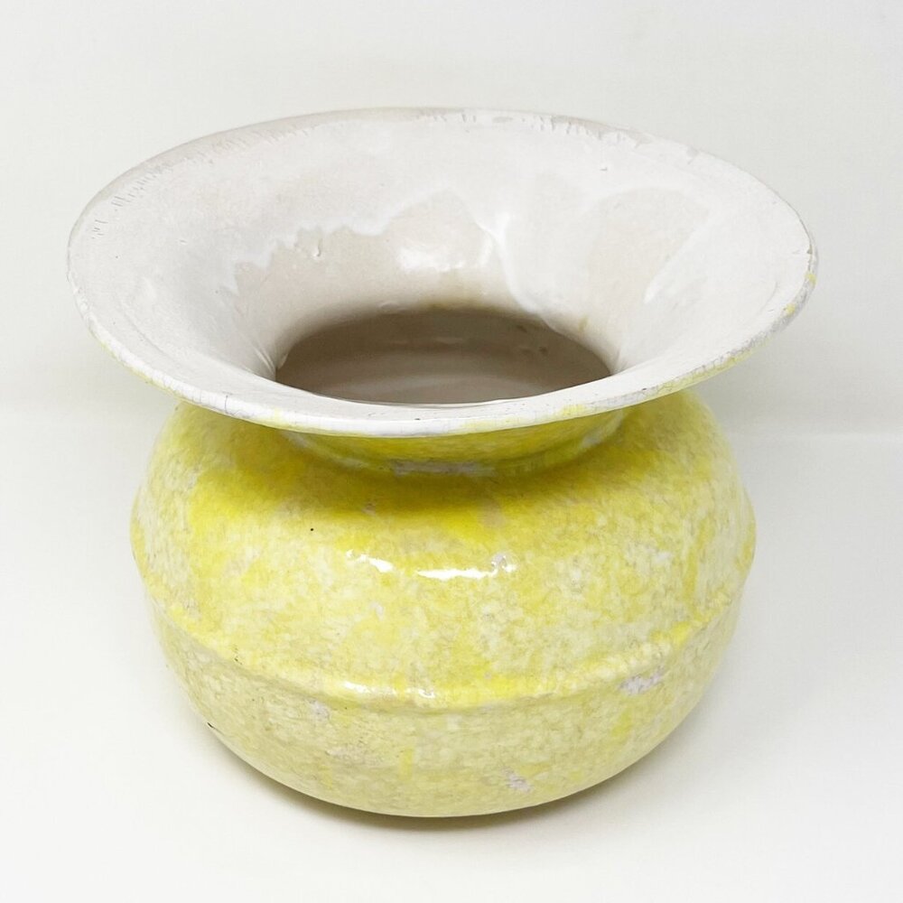 Vintage Cottagecore Handmade Pottery Vase/Planter Rustic Yellow White Farmhouse